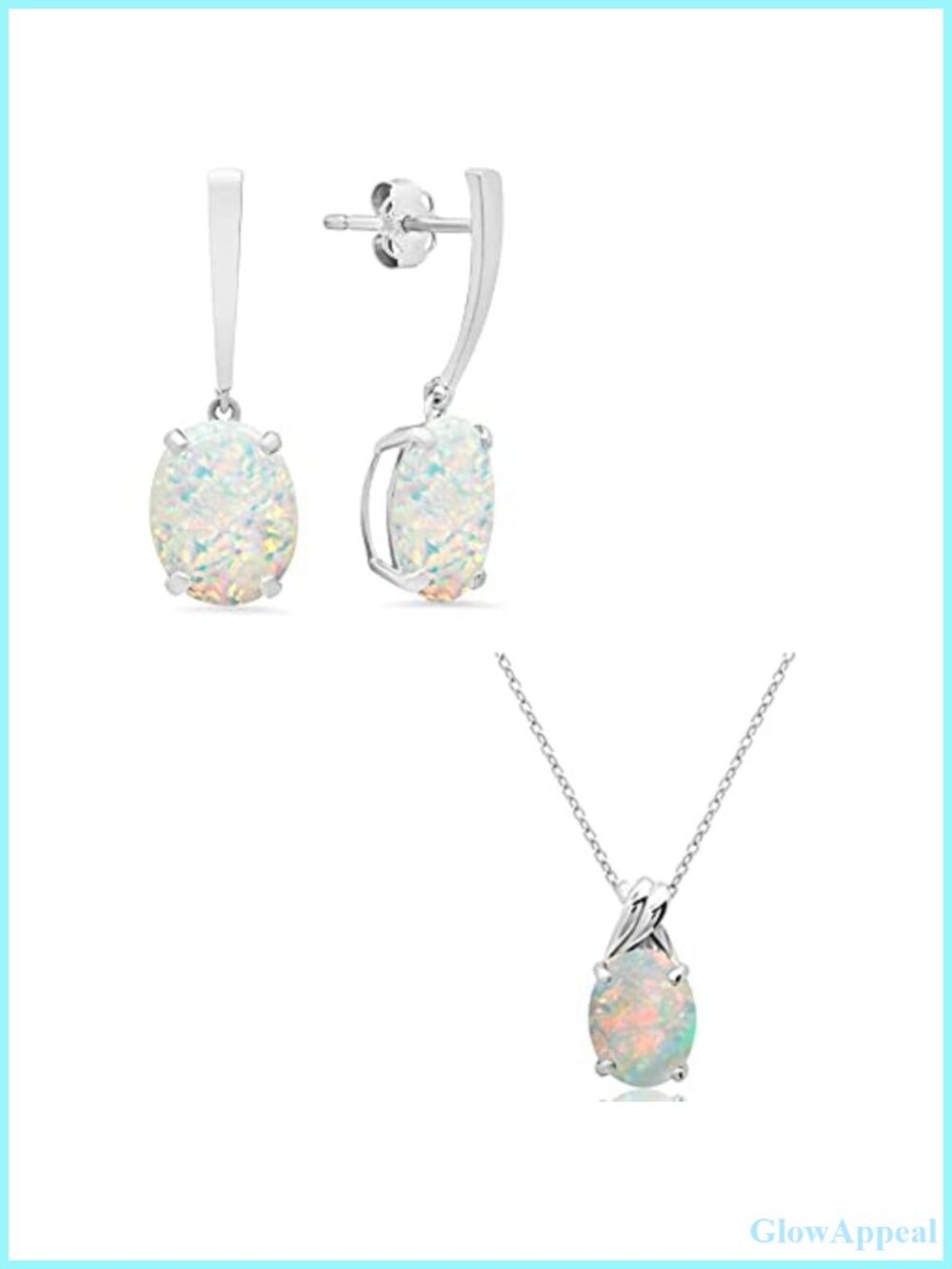 14k White Gold Oval Opal Drop Dangle Earrings & Pendant Necklace